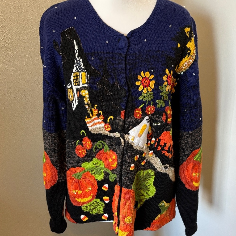 Vintage 1999 Susan Bristol Halloween Women's Sweater - Blue and Black size PL